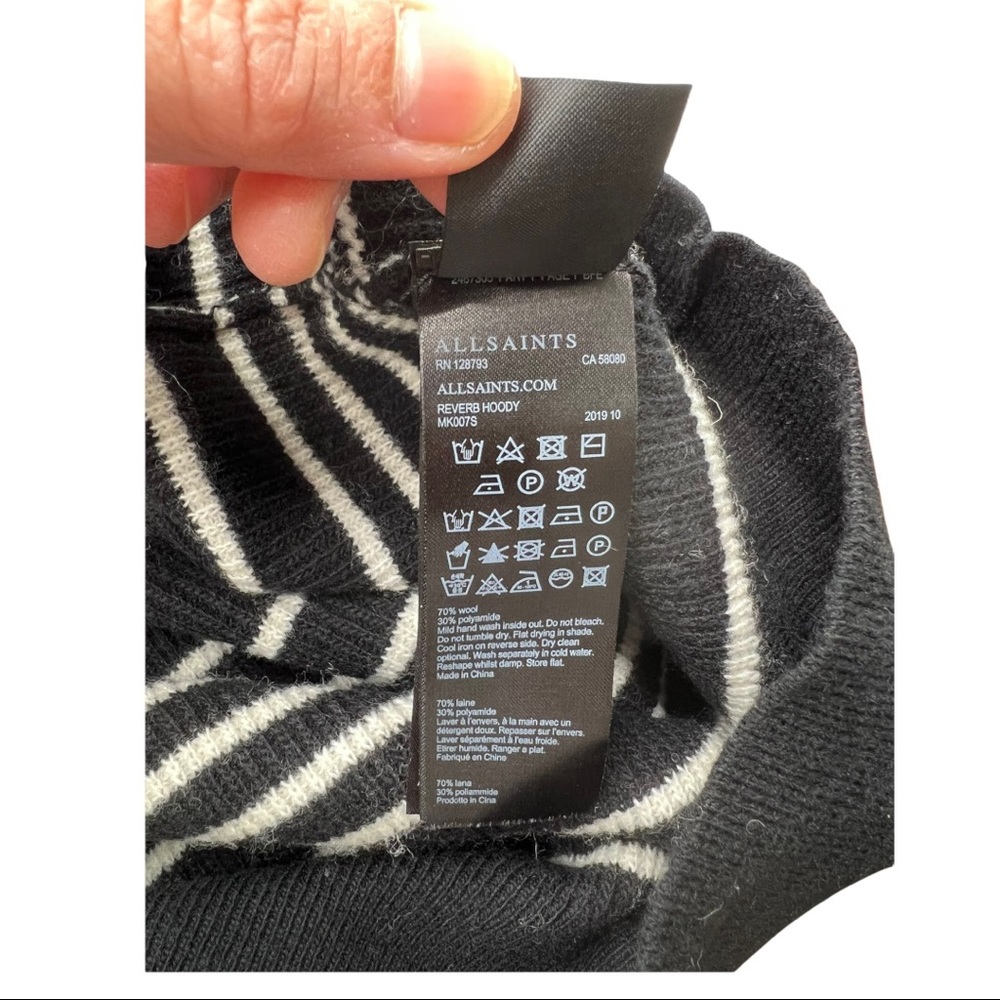 ALLSAINTS Reverb Hooded Stripes Contemporary Wool Blend Sweater Black Ecru - Picture 11 of 12